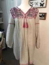 Ulla Johnson Mira Linen Cotton Size 6 Dress Flax Beige Pink Embroidered Pockets
