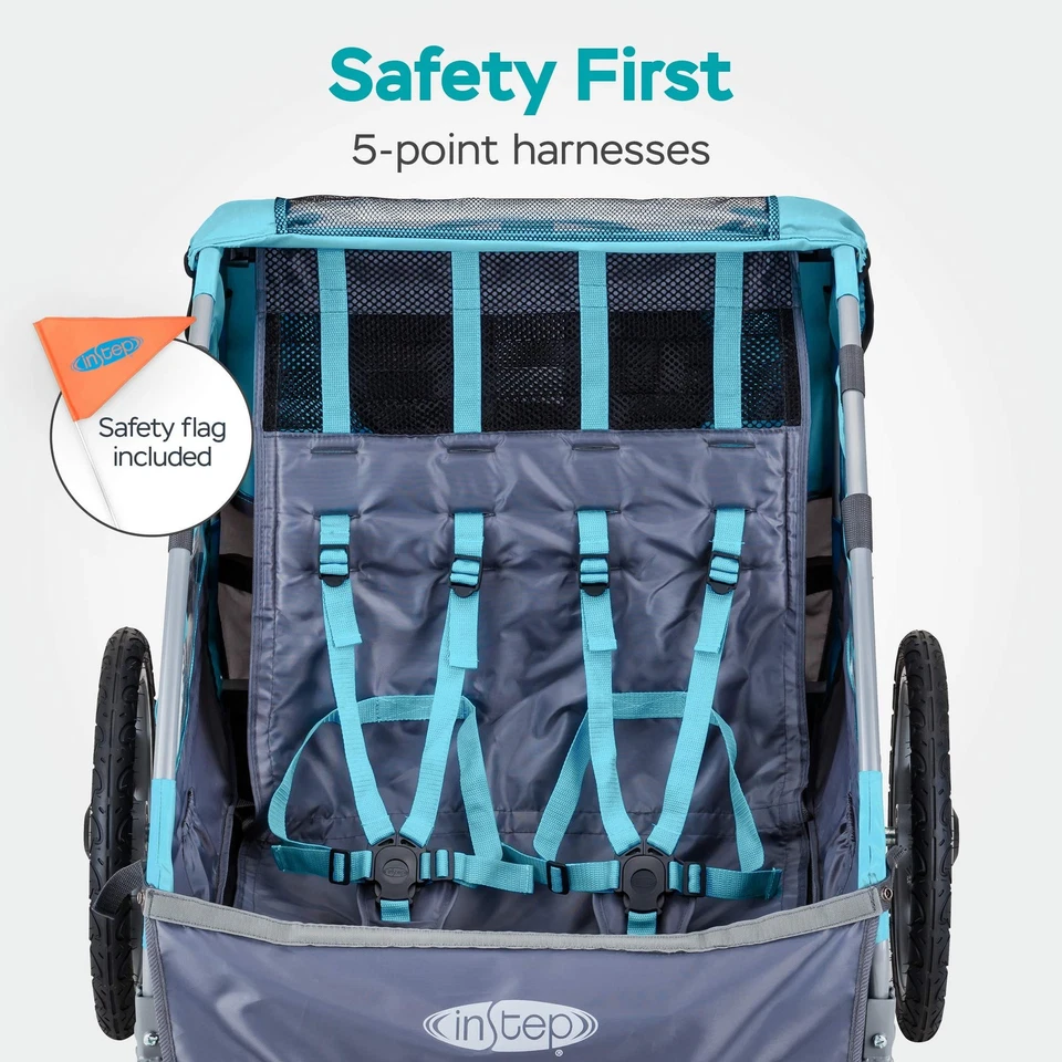 Double Seat Bike Child Trailer 80 lbs Max Weight 5-Point Harness Foldable - Image 4 of 4