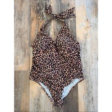 Kona Sol Leopard Print Halter One-Piece Swimsuit - Brown/Tan/Black size 16W