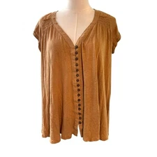 Free People Top SZ XS Cap Sleeves Raw Hem Trapeze Oversized Smocking Boho Emo