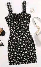 Shein Soleia Frilled Strap Tie Front Ruched Bust Daisy Floral Dress Size XL