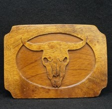 WD03136 VINTAGE 1970s  BUFFALO SKULL  WESTERN WOODEN ARTWORK BELT BUCKLE