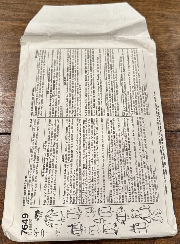 Sewing Pattern Simplicity 7649 Stuffed Bear And Clothes - UNCUT - Image 2 of 4