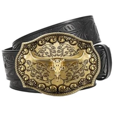 Western Leather Cowboy Belt for Men Women Longhorn Buckle Cowgirl Belt Floral