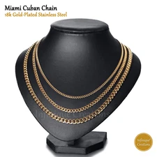 Stainless Steel Miami Cuban Link Chain 18K Gold Plated 7-38" Bracelet Necklace