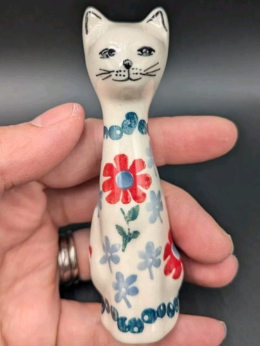 Polish Pottery Small Cat Figurine Unikat 4" Tall Hand Painted Floral Art Pottery - Picture 6 of 6