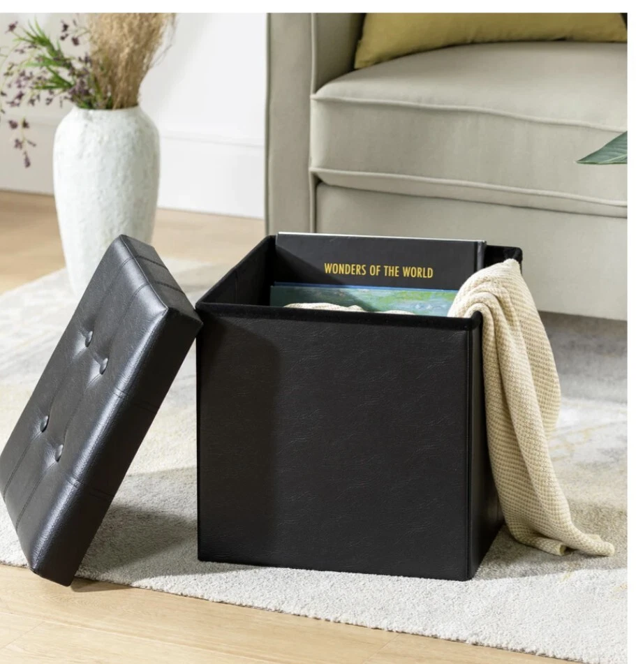 Collapsible Storage Ottoman : 15" Button Tufted Faux Leather - Image 2 of 4