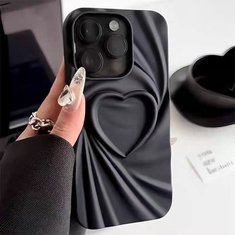 iPhone15 / black 【dress HEART 】 iPhone 15 14 13 Case 3D Wrinkle Love Heart Matte TPU Full