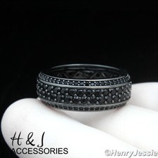 MEN 925 STERLING SILVER FULL BLING CZ 8MM BLACK PLATED WEDDING RING BR192