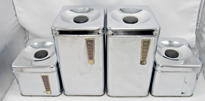Vintage Lincoln BeautyWare Chrome Canister Set of 4 w/ Lids MCM