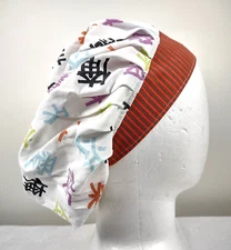 Bouffant Scrub Cap Chemo Hat Chef Handmade Cotton Asian Characters 23.5” - 33.5”