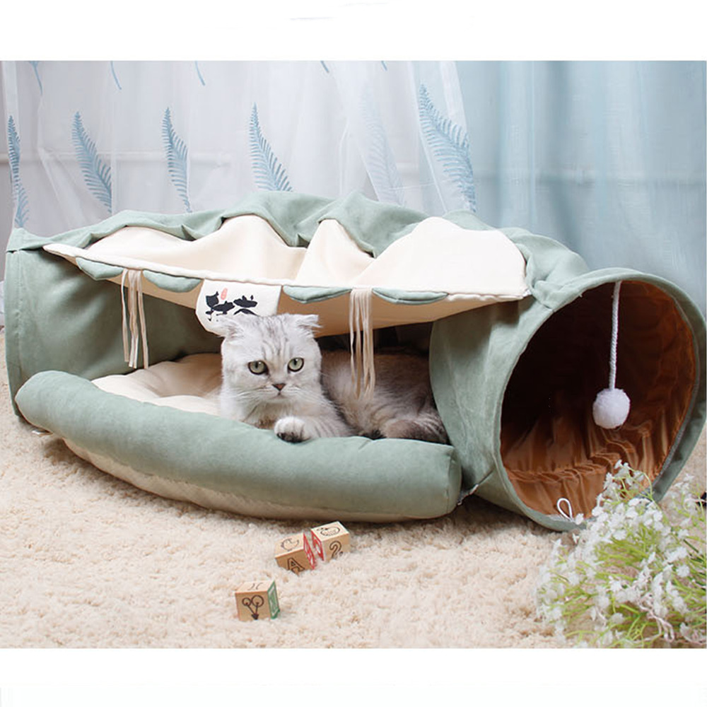 Katzentunnel Spieltunnel Katzenspielzeug Faltbare Tunnel mit Katzenbett Grün DE