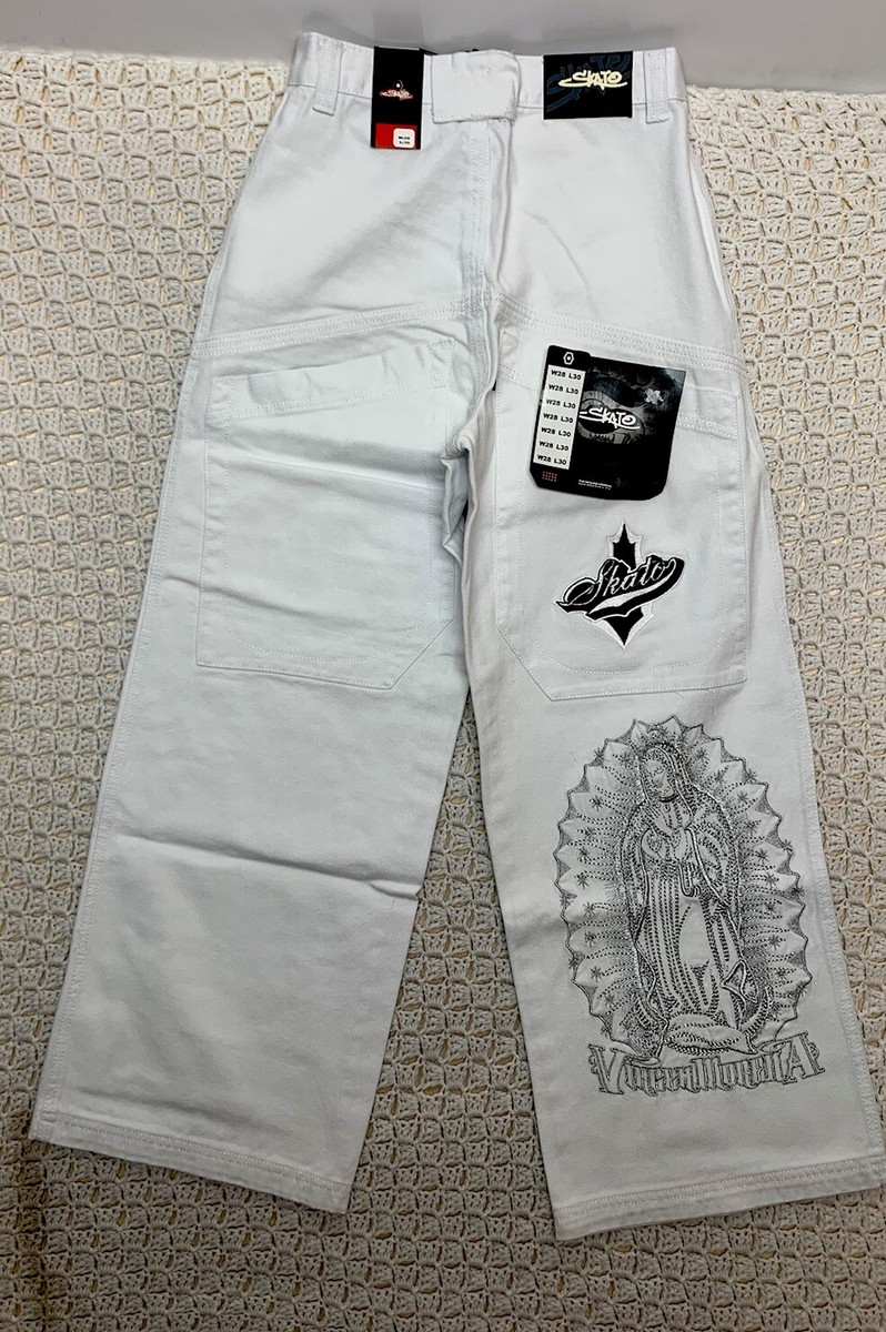 VTG Skato Jeans Men 28 Aprx 24x29 White Embroidery Virgin Morena