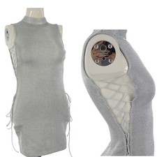Silver Metallic Lace Up Bodycon Mini Dress Clubwear Y2K UK 4 Party Disco