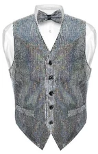Men's SEQUIN Design Dress Vest Bow Tie SILVER Color BOWTie Set