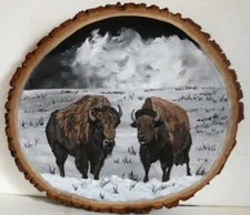 Hand Painted Two Bison In Winter Scene On Live Edge Basswood By Phyllis