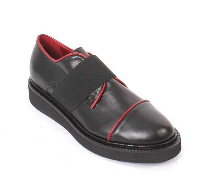 Isabelle 292b Black Bordo Leather Elastic Platform Wedge Shoes 36.5 / US 6.5