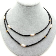 Natural 2 rows faceted Rondelle black Spineal Cultured white Pearl Necklace 17"