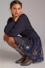 NWT ANTHROPOLOGIE EMBROIDERED SEQUIN TULLE SMOCK WAIST MINI SKIRT BLACK M MEDIUM
