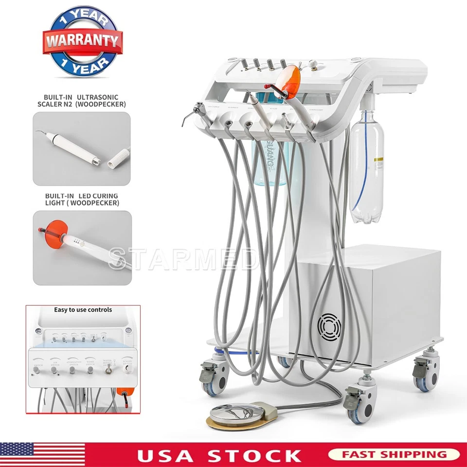 Unidade de entrega móvel portátil odontológica 4 furos compressor de ar carrinho de sucção - Imagem 3 de 4