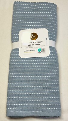 THYME & SAGE KITCHEN TEA TOWELS (3) BLUE CREAM TAN WHITE DOTS TURKISH COTTON NWT