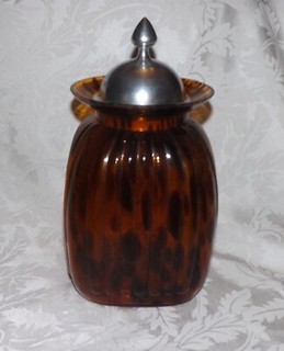 Amber Brown Leopard Spotted Ribbed Glass Square Apothecary Canister Jar w/ Lid
