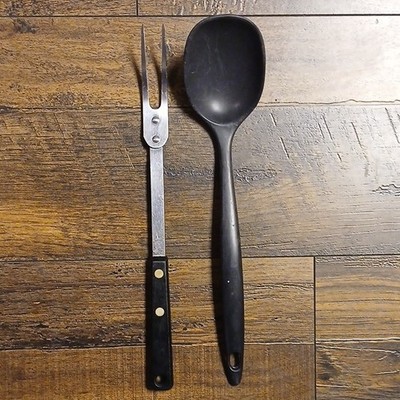 Vintage EKCO FORGE Black & Silver Stainless Cooking Fork and Spoon Set, 2-Piece
