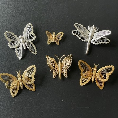 Vintage 6 PC Monet Brooch Lot Butterfly Dragonfly Gold & Silver Tone Bug Insect