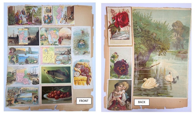 Late 1800s Victorian Scrapbook Page Chromolithograph Trade Post Cards Maps Cuba