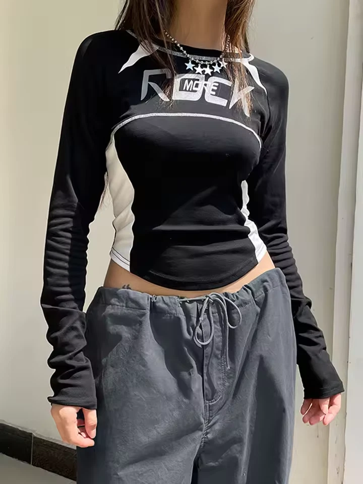 Camiseta para mujer con estampado de letras manga larga cuello redondo informal de gran tamaño gráfico  Foto 2 de 4