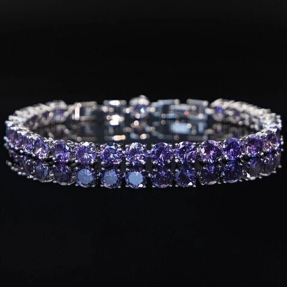9Ct Round Cut Blue Tanzanite Tennis Bracelet For Women's 14k White Gold Plated - Image 3 of 4