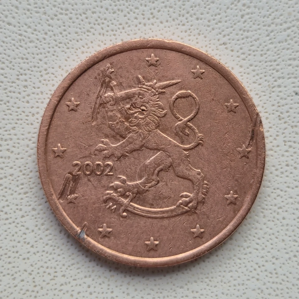 Finlandia, moneda de 5 céntimos de euro, 2002, rara, error, defecto de sello Foto 2 de 2