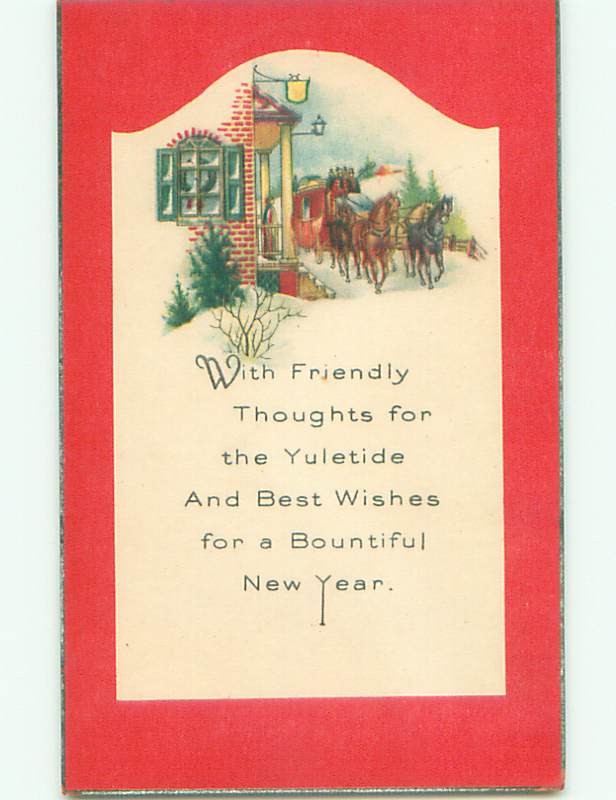 Pre-Linen christmas HORSE-DRAWN STAGECOACH APPROACHES HOUSE : clearance k1131