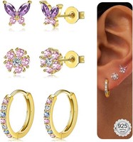 Ohrringe Set 3 Paar Silber 925 Gold 14K Creolen Ohrstecker Stapelbar Damen