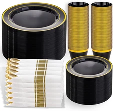 350 Pcs Black Gold Plastic Dinnerware Set Plates Cups Napkins Silverware for 50