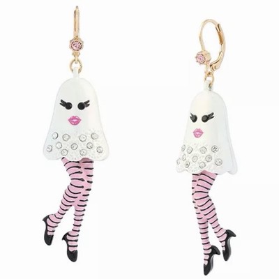 Betsey Johnson Girly Ghost Halloween Dangle Earrings Striped Stockings 2.5  NWT
