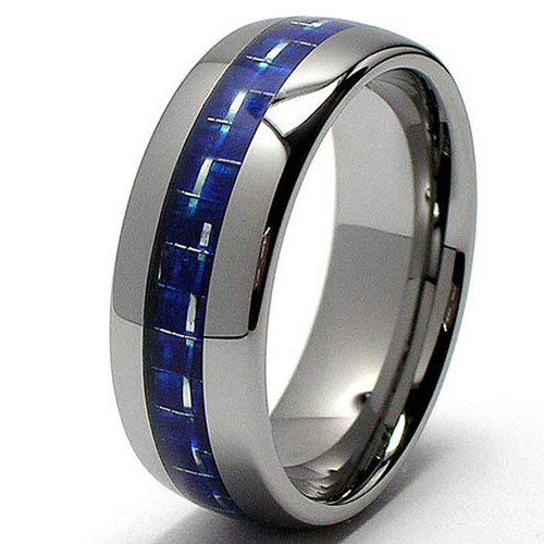 8MM Dome Tungsten Carbide Ring Wedding Band W/ Blue Carbon Fiber Inlay - Picture 2 of 4