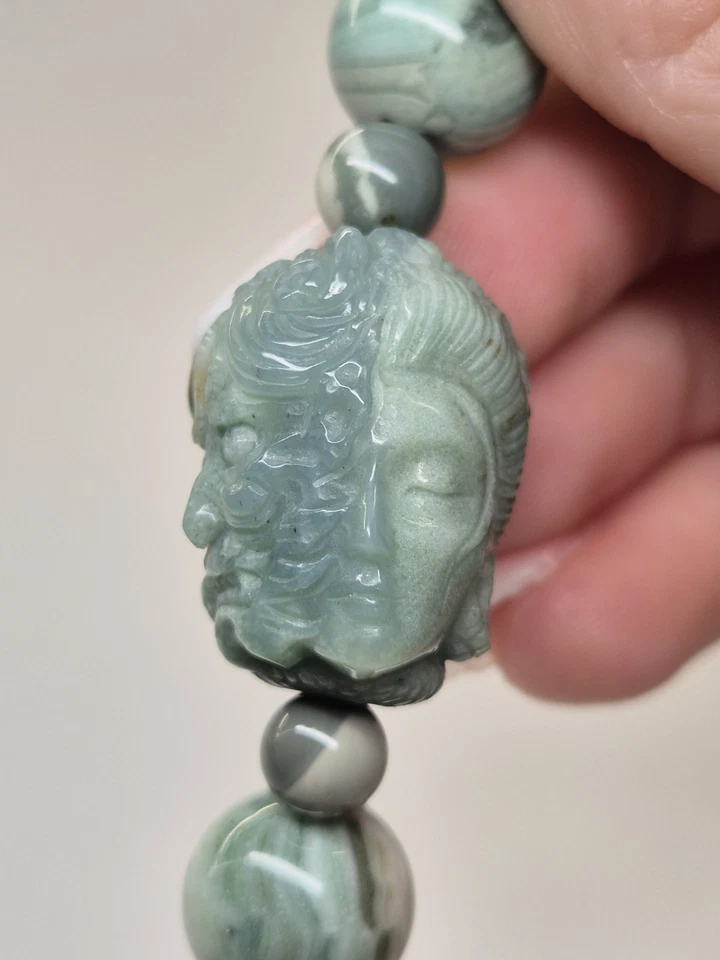 Natural HQ Alashan Agate Hand Carved Lady Face With Dragon Mask Beaded Bracelet - Image 4 of 4