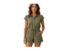 Beach Lunch Lounge Romper Size L Gauze Green Drawstring Waist Shorts Button Up
