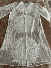 Rachel Zoe OS Ivory Open Front Long Coverup Kimono Duster Lace Cardigan