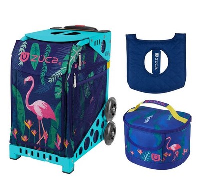 Zuca Sport Bag - Flamingo with Seat Cover and Lunchbox (Turquoise Frame)