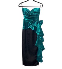 VTG Gunne Sax 80  s Prom Dress Taffeta Bow Ruffle Strapless Teal Black Sz 3/4