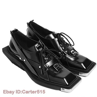 Fashion Modern Men's Dress Formal Leather Derby Shoes Square Toe Mid Heel