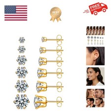 6 Pairs Hypoallergenic Stainless Steel Stud Earrings Cubic Zirconia Earrings ...