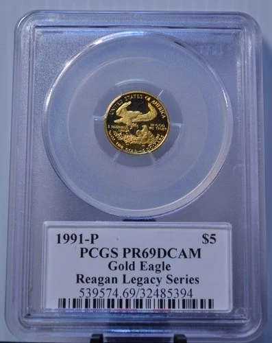 1991-P $5 AMERICAN EAGLE PCGS PR69 DCAM 1/10 OZ GOLD REAGAN LEGACY SERIES COIN