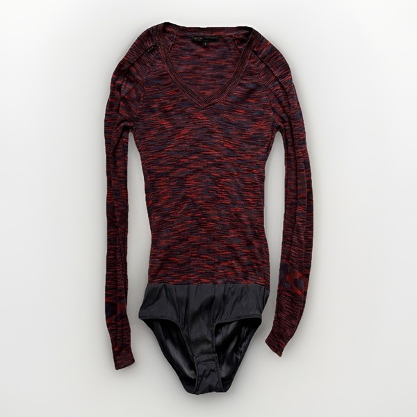 Maje Knit Bodysuit Womens Size 1/Small Purple Red Long Sleeve V Neck Cotton Silk