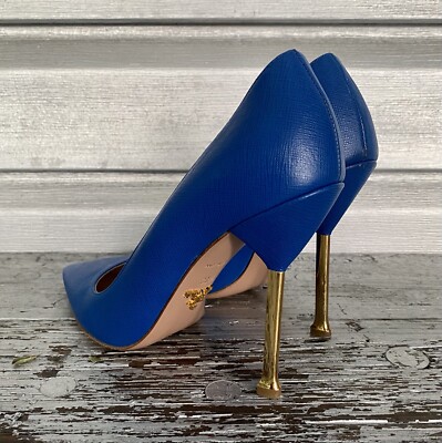 【XIAO】PRADA Leather Strap Heels PRADA Blue Saffiano Leather Pointed Toe Stiletto Pump Heels