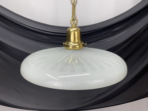 RESTORED Antique Art Deco Glass Pendant Light Ribbed Custard Moonstone 1920s 30s - Picture 15 of 24