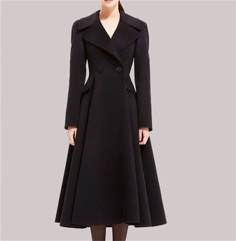 New Black Cashmere Long Women Overcoat Winter Thick Suit Dress Warm Trench Coat