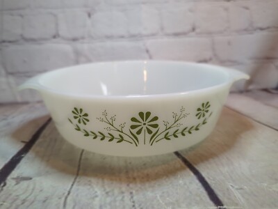 Vintage Glasbake Primrose Dream Green Daisy Round Casserole Dish 8.5x10x3 No Lid